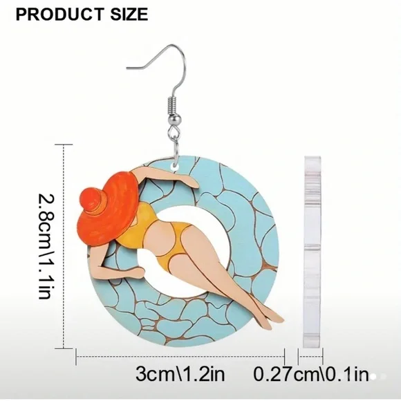 Acrylic Bikini Babe on Pool Floatie Dangle Earrings Ring Float Beach Swim Suntan - Picture 6 of 6